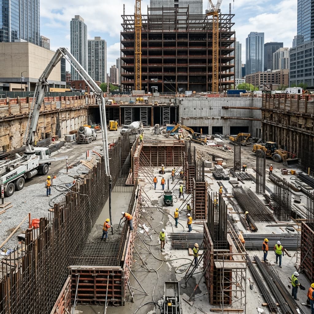 Cimentaciones profundas y sótanos secos: vertido de concreto estructural tratado con aditivo por cristalización integral Penetron Admix para evitar filtraciones freáticas
