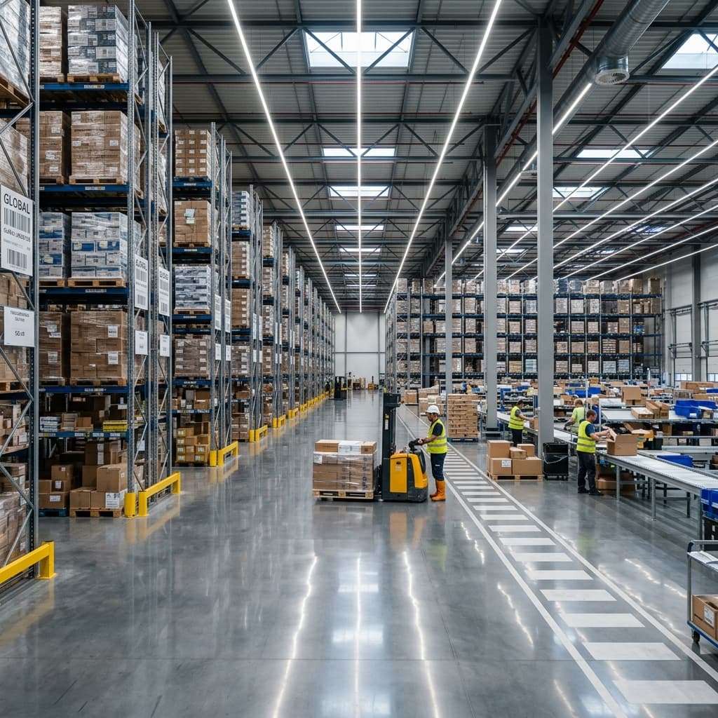 Naves industriales y centros logísticos: piso de concreto pulido de alto rendimiento y dureza, sellado y protegido contra abrasión y químicos con Peneseal FH