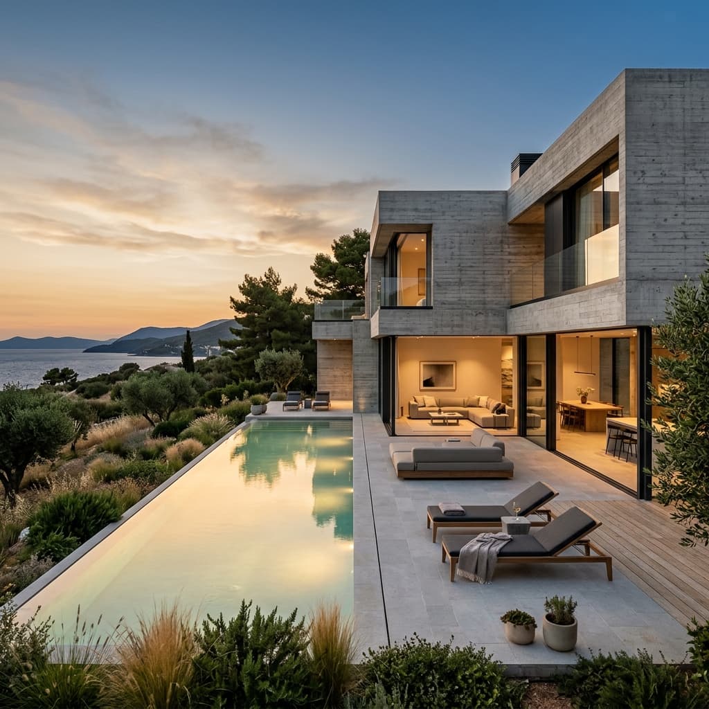 Residencia de alta gama con muros de concreto arquitectónico y alberca integrados: protección permanente contra la humedad y el moho mediante cristalización de concreto